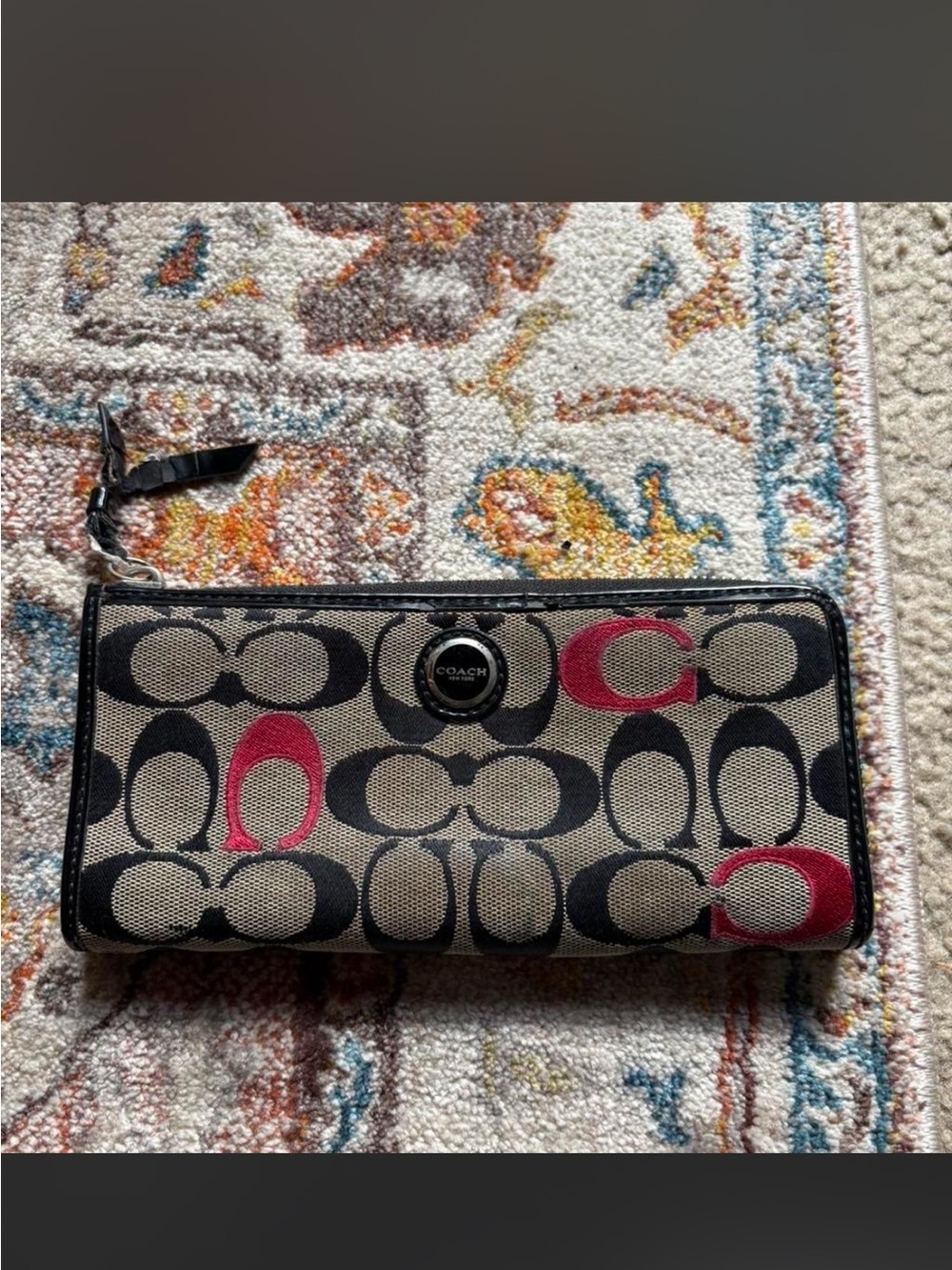 Coach Poppy Black And Red C Jacquard Design Wallet